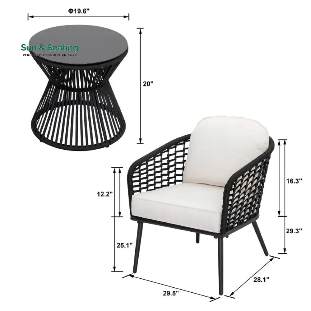 Spiff Outdoor Patio Seating Set 2 Chairs and 1 Table Set (Black + White) Braided &amp; Rope Coffee Table Sets