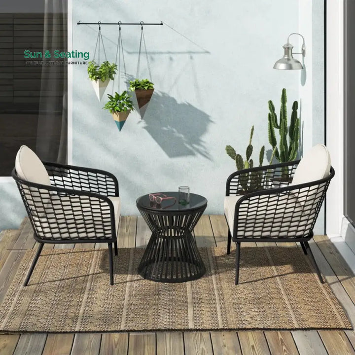 Spiff Outdoor Patio Seating Set 2 Chairs and 1 Table Set (Black + White) Braided &amp; Rope Coffee Table Sets