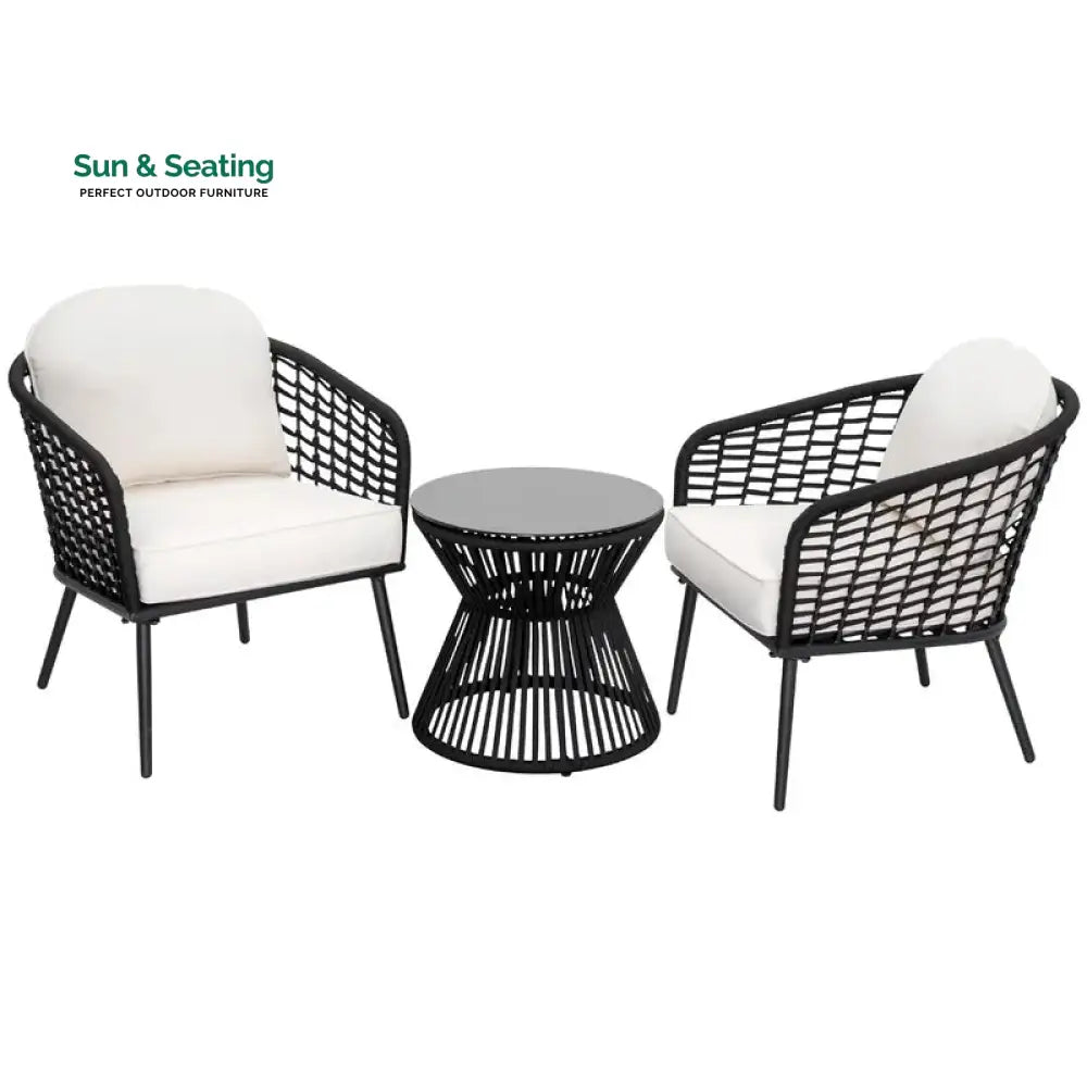 Spiff Outdoor Patio Seating Set 2 Chairs and 1 Table Set (Black + White) Braided &amp; Rope Coffee Table Sets