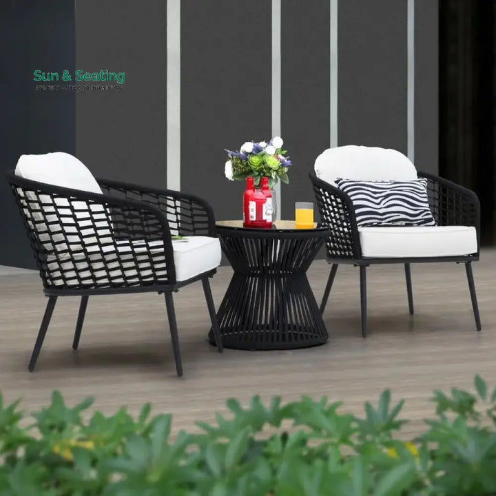 Spiff Outdoor Patio Seating Set 2 Chairs and 1 Table Set (Black + White) Braided &amp; Rope Coffee Table Sets