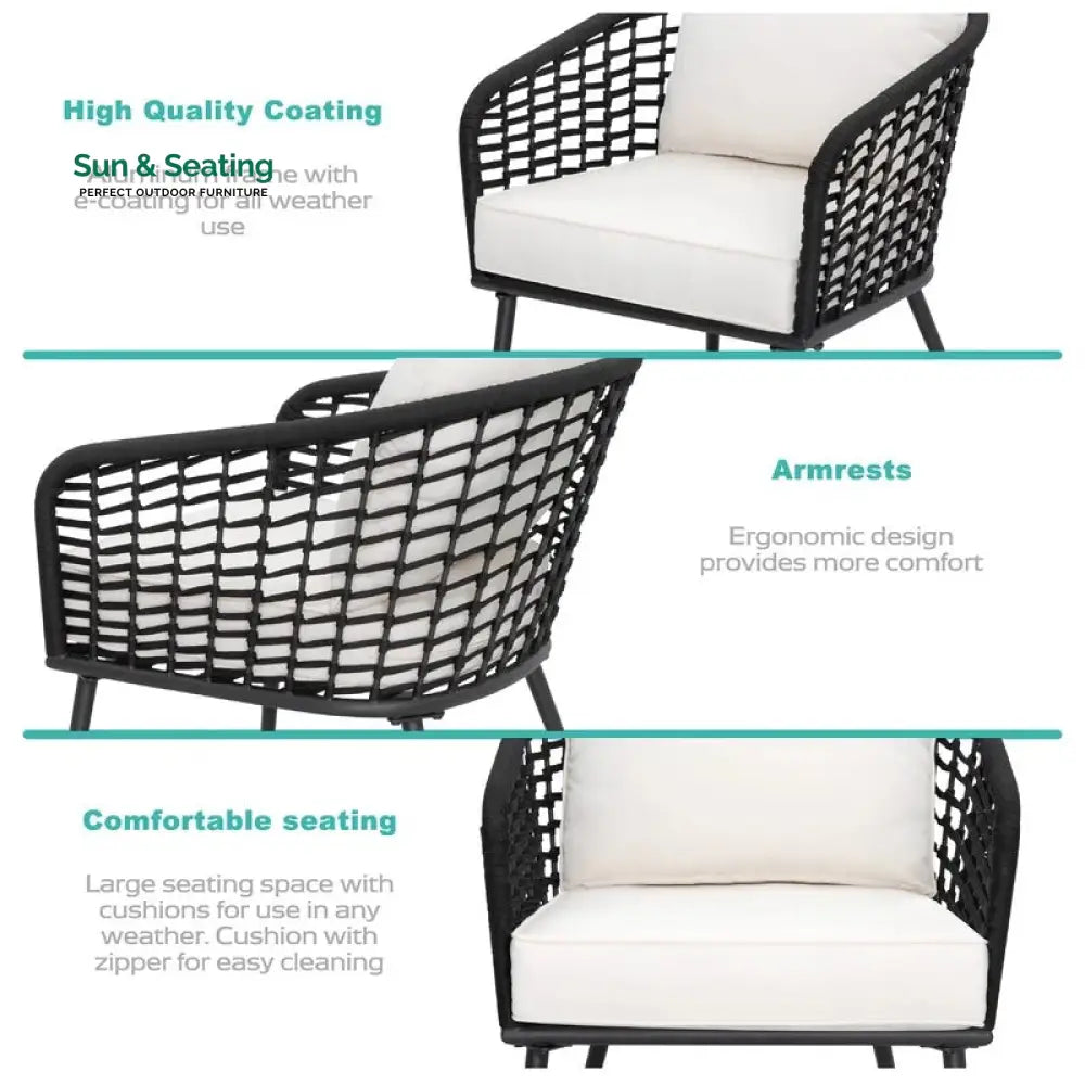 Spiff Outdoor Patio Seating Set 2 Chairs and 1 Table Set (Black + White) Braided &amp; Rope Coffee Table Sets