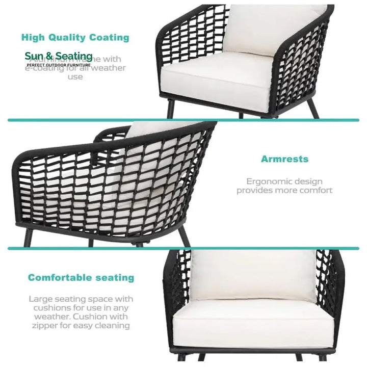 Spiff Outdoor Patio Seating Set 2 Chairs and 1 Table Set (Black + White) Braided &amp; Rope Coffee Table Sets