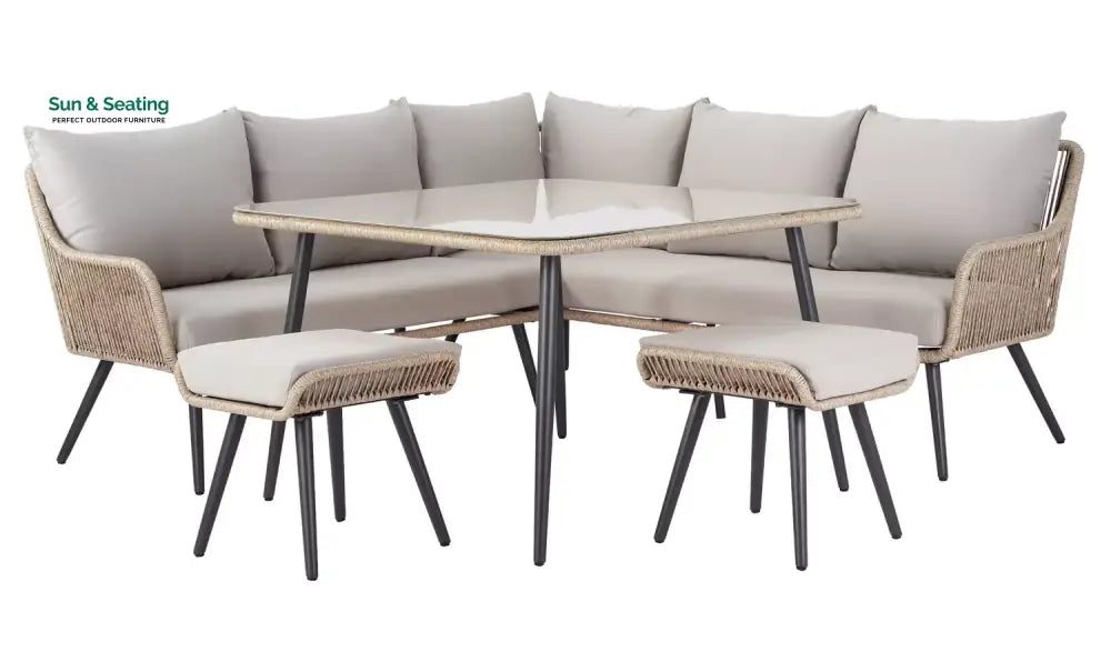 Stash Outdoor Garden Balcony Sofa Set 5 Seater and 1 Center Table With 2 Ottoman Set (Tan) Sofa Sets