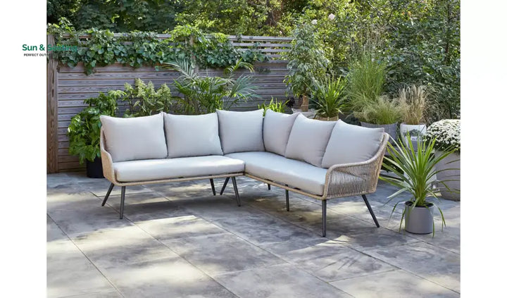 Stash Outdoor Garden Balcony Sofa Set 5 Seater and 1 Center Table With 2 Ottoman Set (Tan) Sofa Sets