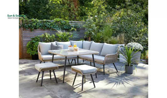 Stash Outdoor Garden Balcony Sofa Set 5 Seater and 1 Center Table With 2 Ottoman Set (Tan) Sofa Sets