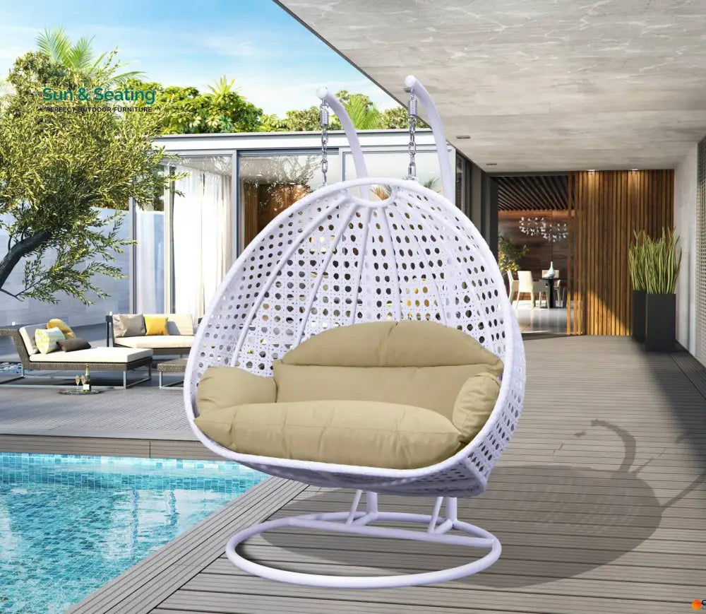Strinati Double Seater Hanging Swing With Stand For Balcony Garden Swing (White) Beige Swings