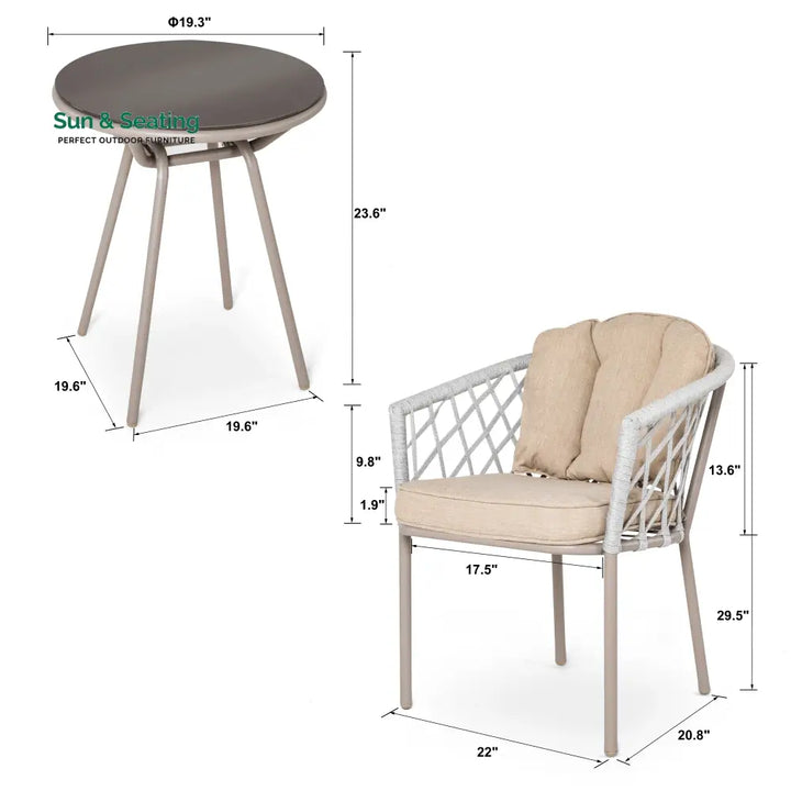Surfer Outdoor Patio Seating Set 2 Chairs and 1 Table Set (Silver + Beige) Braided &amp; Rope Coffee Table Sets