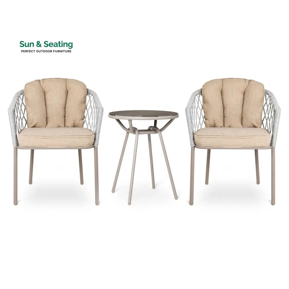 Surfer Outdoor Patio Seating Set 2 Chairs and 1 Table Set (Silver + Beige) Braided &amp; Rope Coffee Table Sets