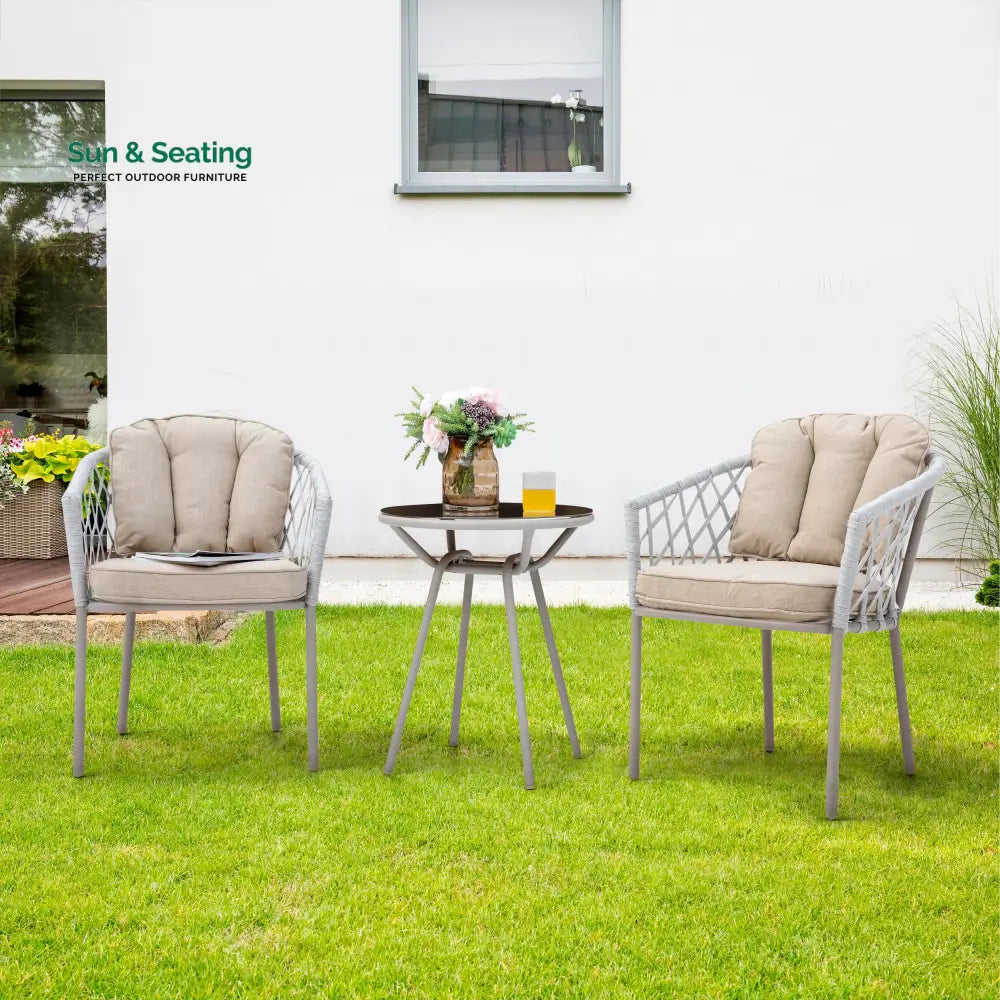 Surfer Outdoor Patio Seating Set 2 Chairs and 1 Table Set (Silver + Beige) Braided & Rope Coffee Table Sets