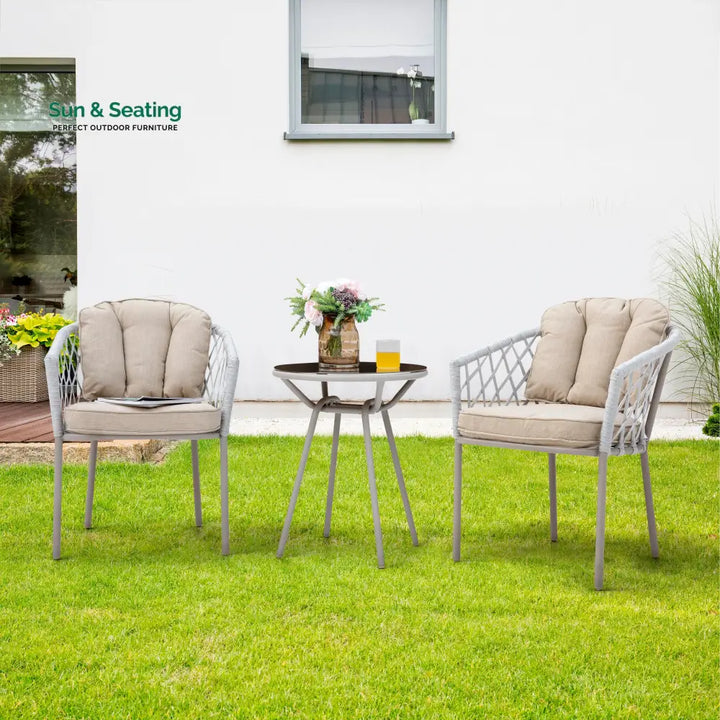 Surfer Outdoor Patio Seating Set 2 Chairs and 1 Table Set (Silver + Beige) Braided &amp; Rope Coffee Table Sets