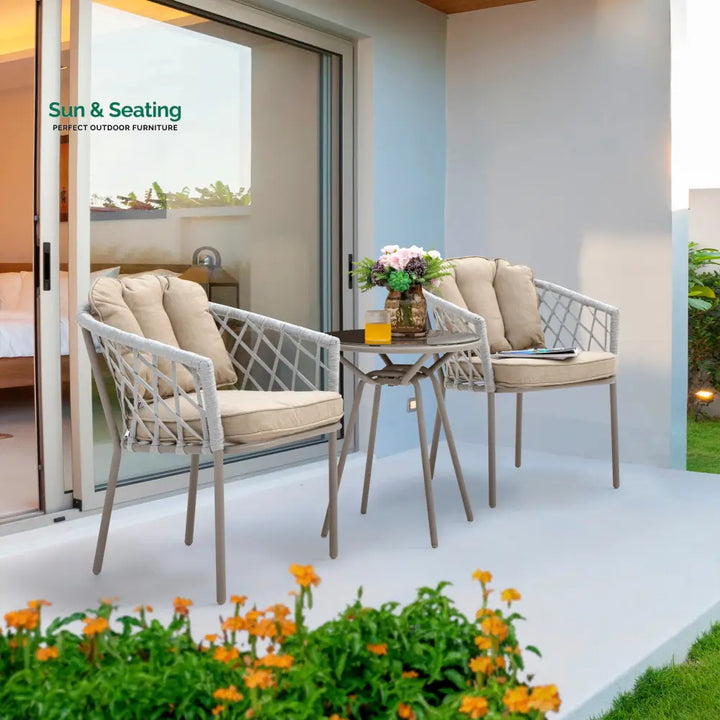 Surfer Outdoor Patio Seating Set 2 Chairs and 1 Table Set (Silver + Beige) Braided &amp; Rope Coffee Table Sets