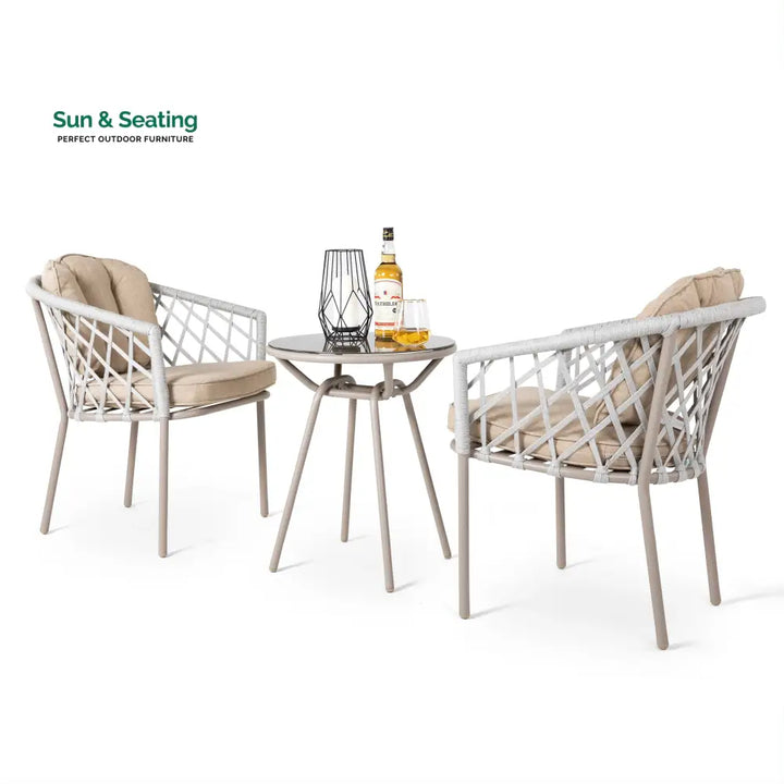 Surfer Outdoor Patio Seating Set 2 Chairs and 1 Table Set (Silver + Beige) Braided &amp; Rope Coffee Table Sets