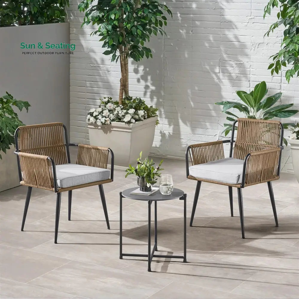 Susten Outdoor Patio Seating Set 2 Chairs and 1 Table Set (Tan) Braided & Rope Coffee Table Sets