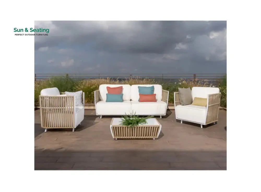 Swoop Outdoor Garden Balcony Sofa Set 2 Seater 2 Single seater and 1 Table Set (Beige + White) Sofa Sets