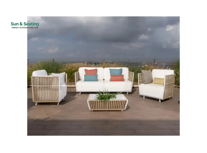 Swoop Outdoor Garden Balcony Sofa Set 2 Seater 2 Single seater and 1 Table Set (Beige + White) Sofa Sets