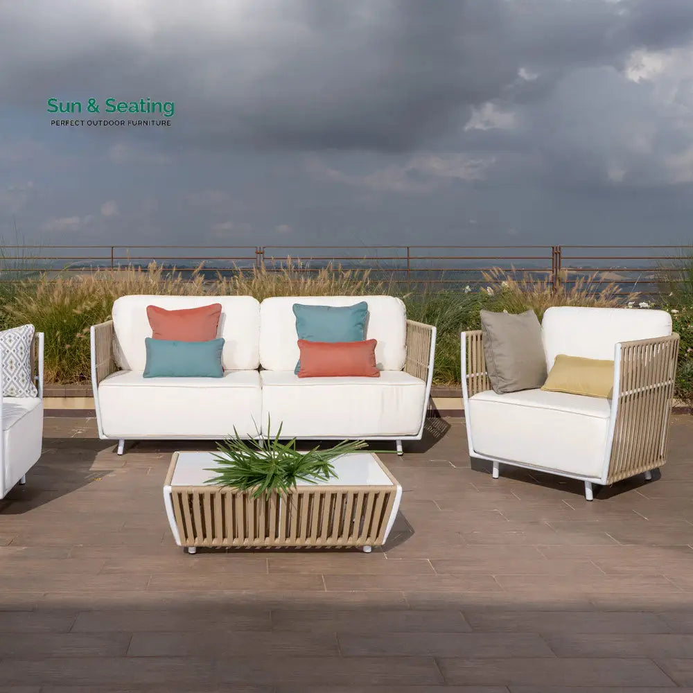 Swoop Outdoor Garden Balcony Sofa Set 2 Seater 2 Single seater and 1 Table Set (Beige + White) Sofa Sets