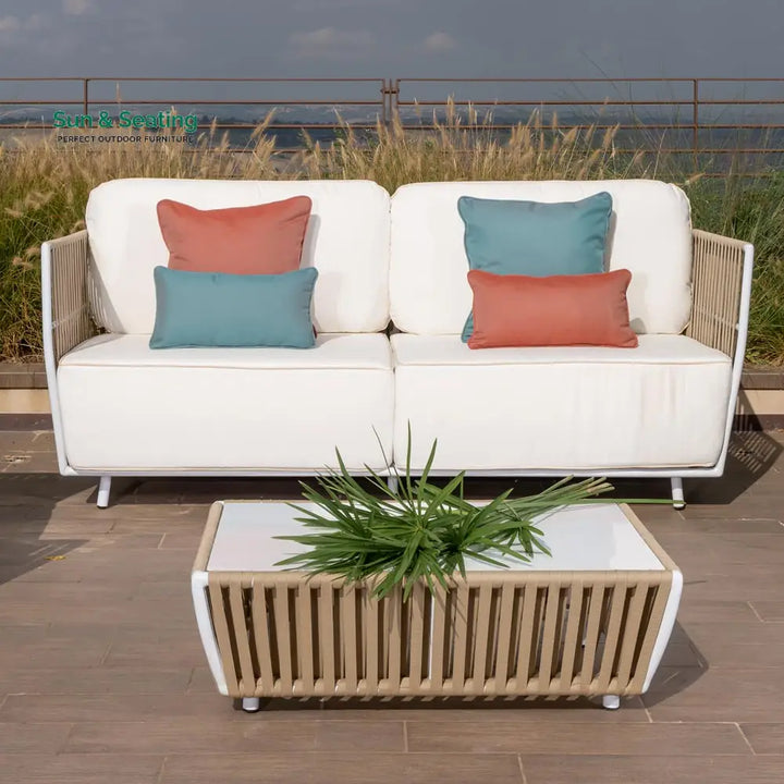 Swoop Outdoor Garden Balcony Sofa Set 2 Seater 2 Single seater and 1 Table Set (Beige + White) Sofa Sets