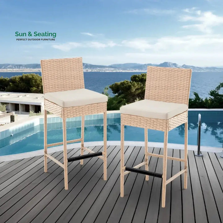Sybille Outdoor Rattan Wicker Bar Chairs Set of 2 Bar Chairs