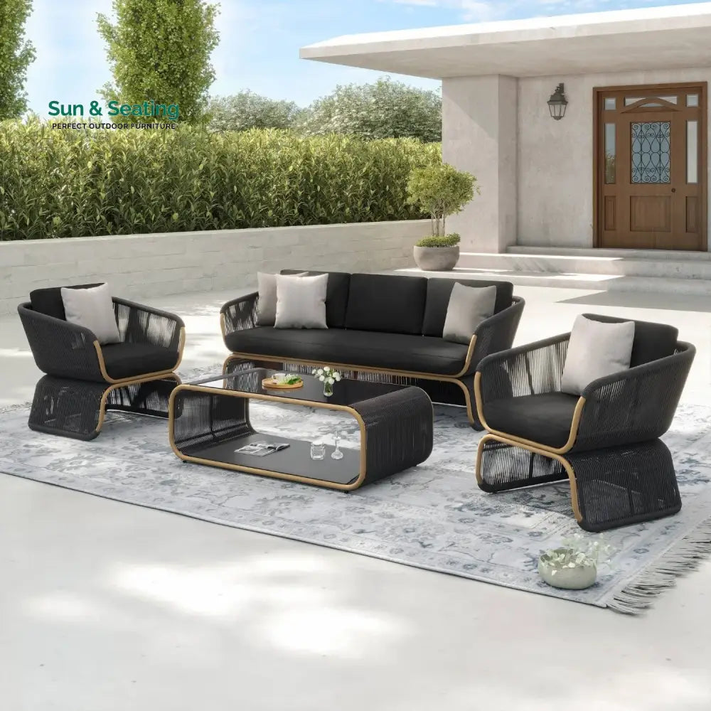 Taima Outdoor Braided Rope Sofa Set With 2-Tier Glass Top Table Sofa Set