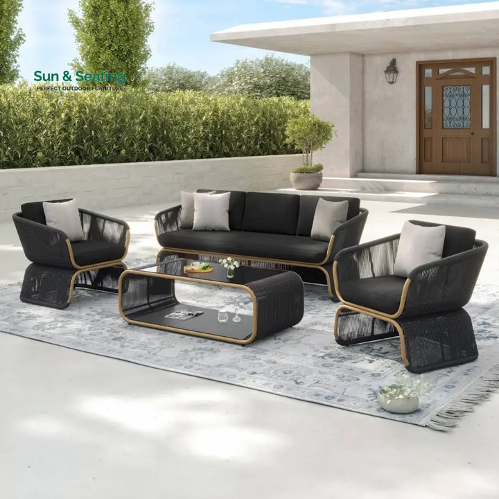 Taima Outdoor Braided Rope Sofa Set With 2-Tier Glass Top Table Sofa Set