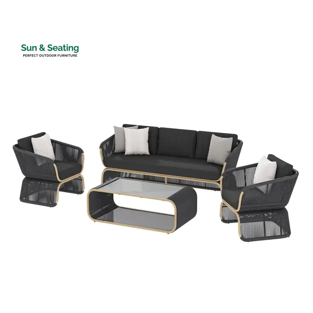 Taima Outdoor Braided Rope Sofa Set With 2-Tier Glass Top Table Sofa Set
