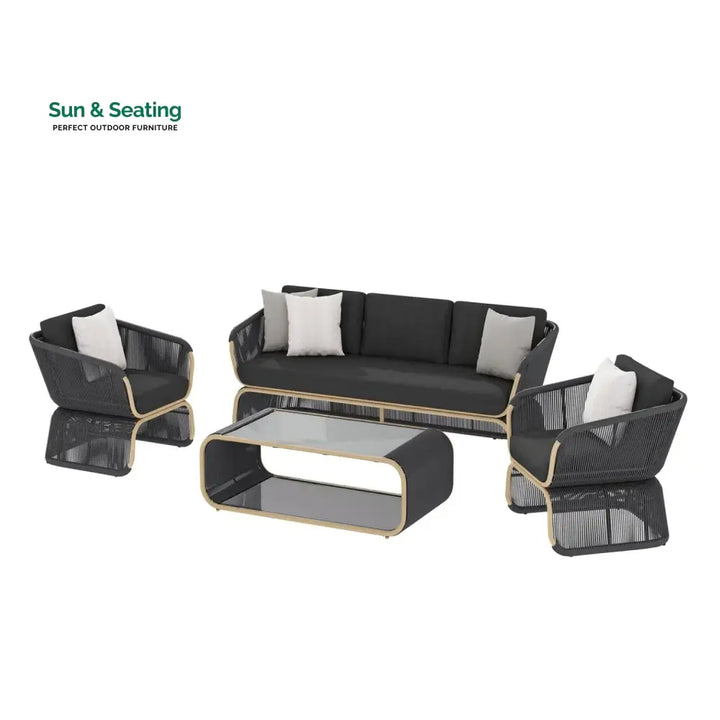 Taima Outdoor Braided Rope Sofa Set With 2-Tier Glass Top Table Sofa Set