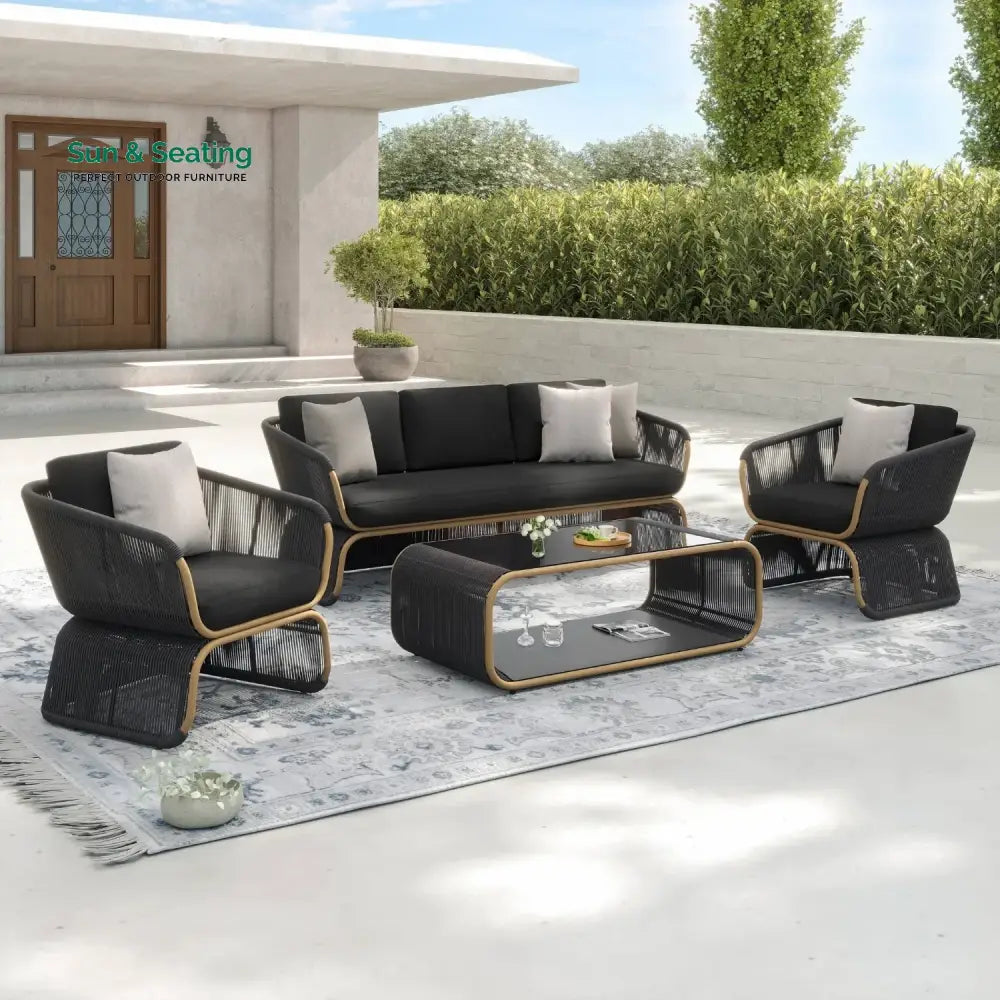 Taima Outdoor Braided Rope Sofa Set With 2-Tier Glass Top Table Sofa Set