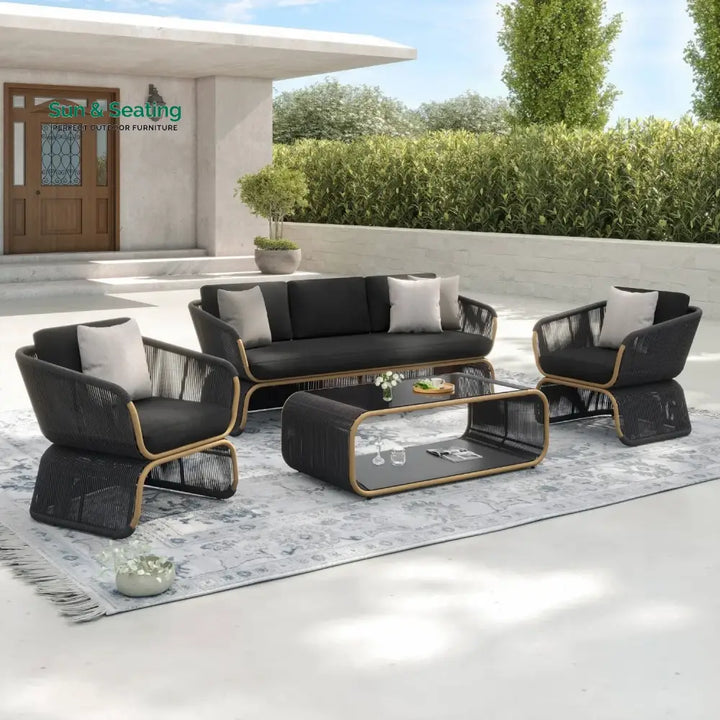 Taima Outdoor Braided Rope Sofa Set With 2-Tier Glass Top Table Sofa Set