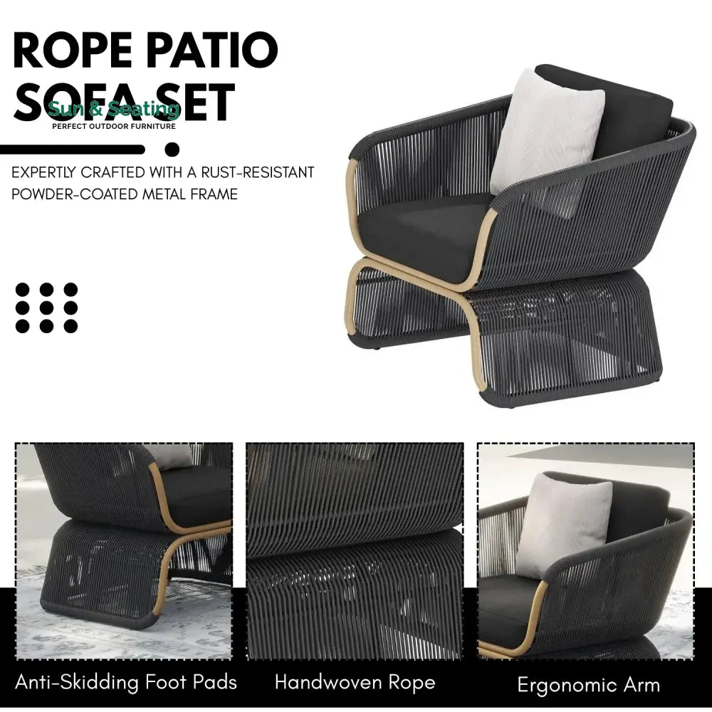 Taima Outdoor Braided Rope Sofa Set With 2-Tier Glass Top Table Sofa Set