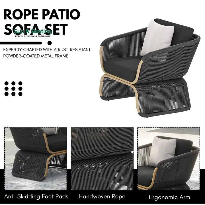 Taima Outdoor Braided Rope Sofa Set With 2-Tier Glass Top Table Sofa Set