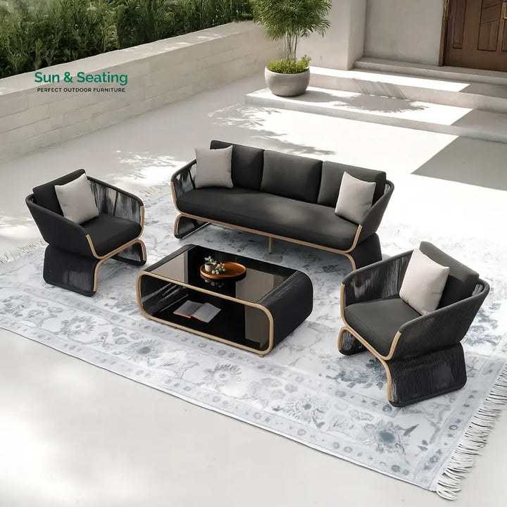 Taima Outdoor Braided Rope Sofa Set With 2-Tier Glass Top Table Sofa Set