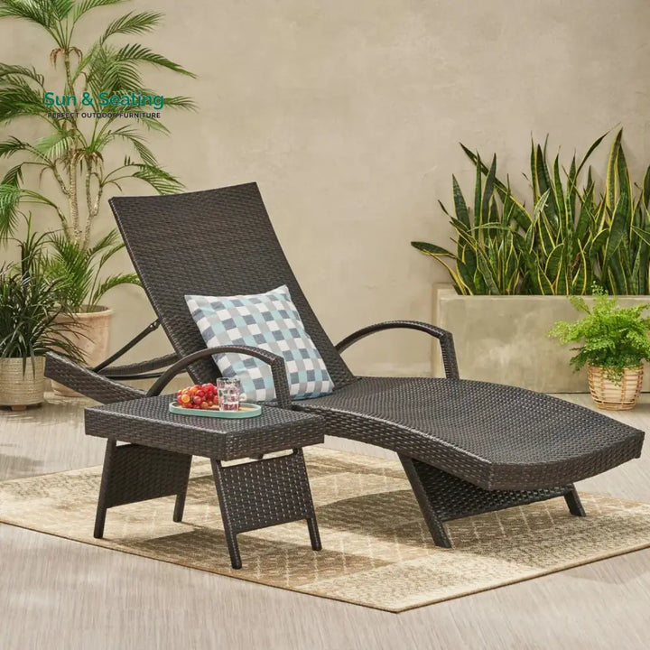 Tanirika Outdoor All-Weather HDPE Wicker Rattan Sunlounger Recliner with Side Table Lounger Set
