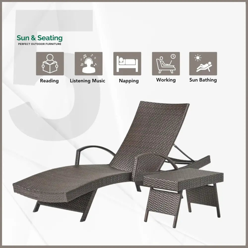 Tanirika Outdoor All-Weather HDPE Wicker Rattan Sunlounger Recliner with Side Table Lounger Set