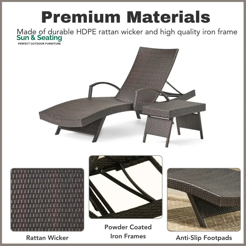 Tanirika Outdoor All-Weather HDPE Wicker Rattan Sunlounger Recliner with Side Table Lounger Set