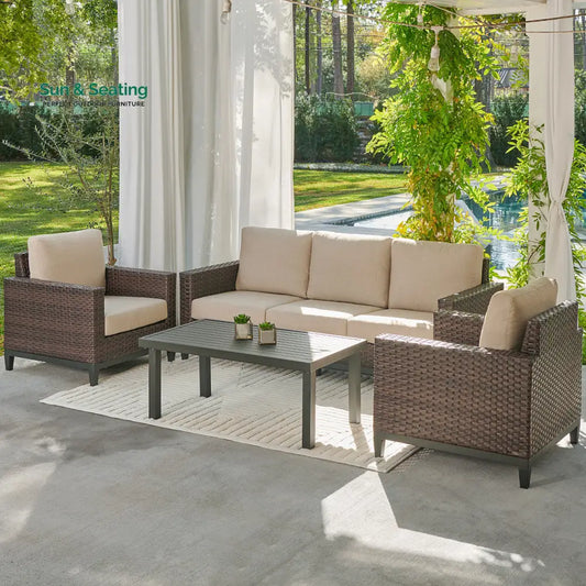 Tello Outdoor Garden Balcony Sofa Set 3 Seater 2 Single seater and 1 Center Table Set (Brown) Beige Sofa Sets