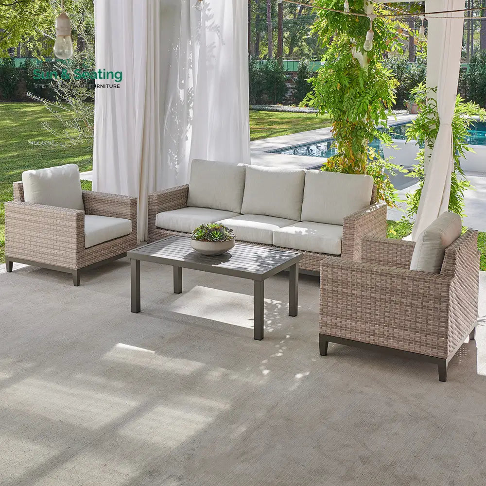 Tello Outdoor Garden Balcony Sofa Set 3 Seater 2 Single seater and 1 Center Table Set (Brown) Off White Sofa Sets