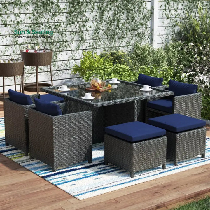 Teodoro Outdoor Patio Dining Set 4 Chairs 4 Ottoman and 1 Table (﻿Grey) Dining sets