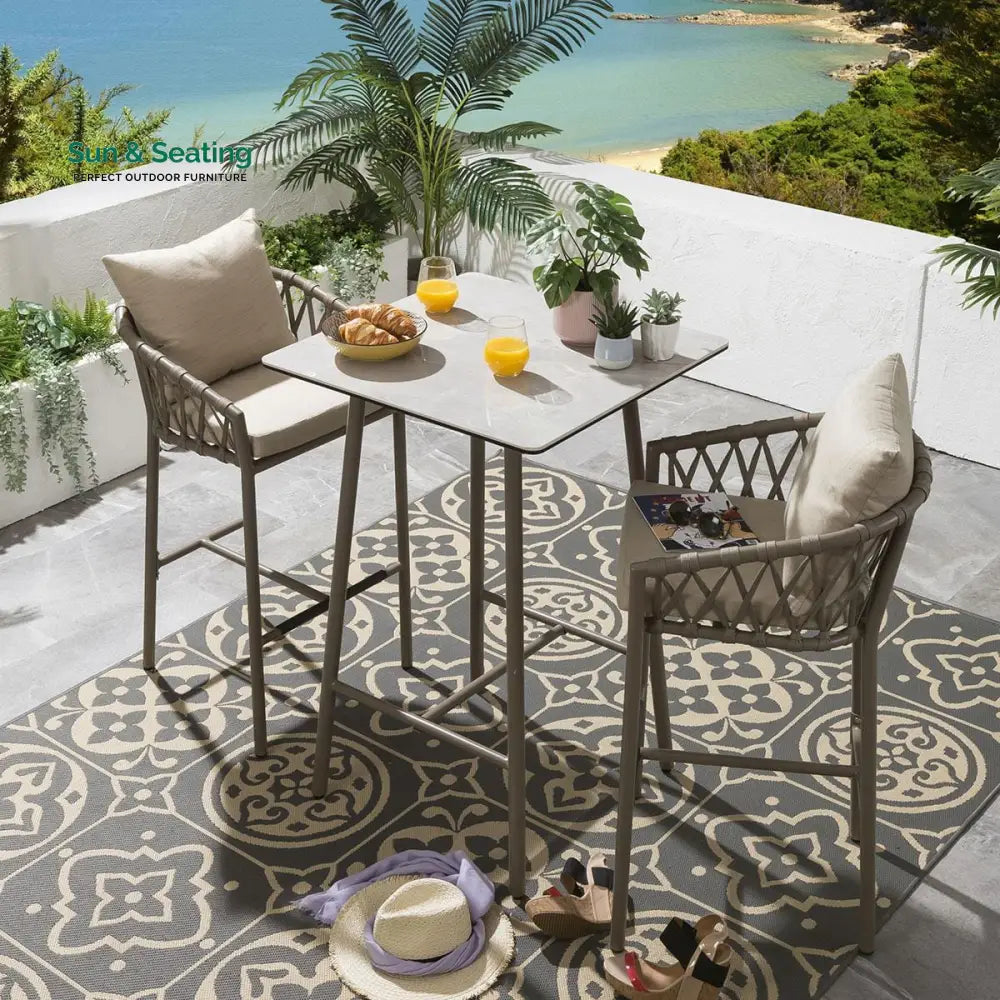 Teófila Outdoor Patio Bar Set 2 Chairs and 1 Table Set Braided &amp; Rope Beige Bar Sets