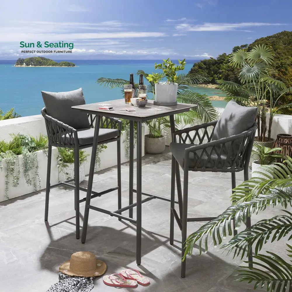 Teófila Outdoor Patio Bar Set 2 Chairs and 1 Table Set Braided &amp; Rope Grey Bar Sets