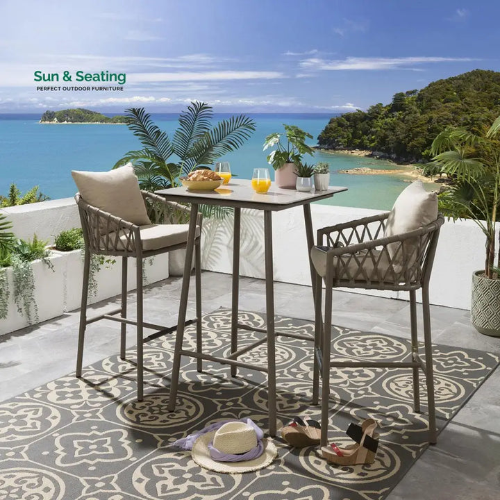 Teófila Outdoor Patio Bar Set 2 Chairs and 1 Table Set Braided &amp; Rope Bar Sets