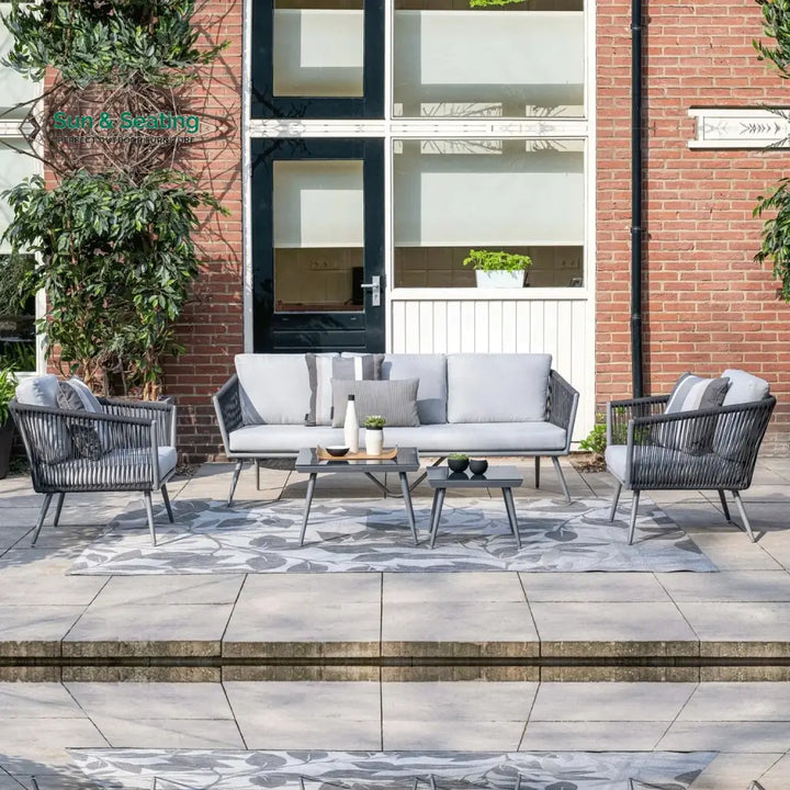 Teresa 5-Seater Outdoor Rope Patio Sofa Set with Glass Top Tables (Black &amp; Grey) Sofa Set