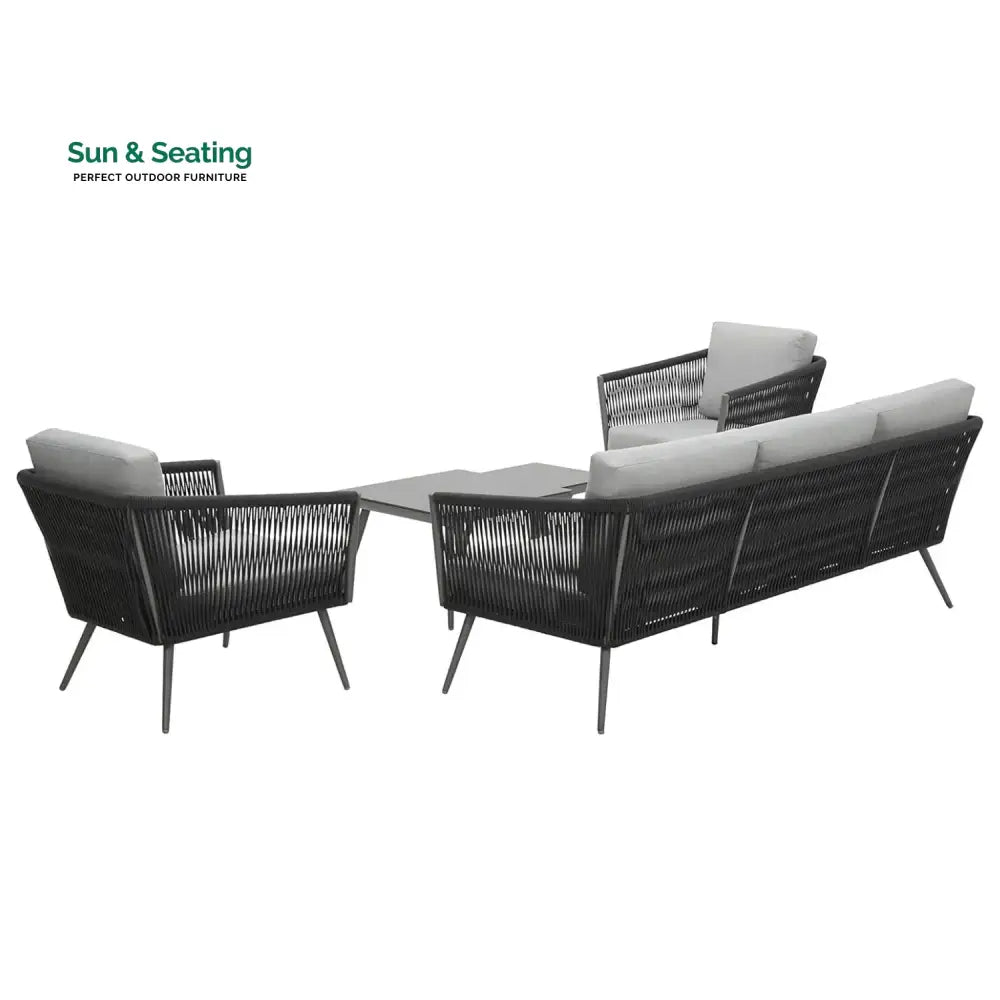 Teresa 5-Seater Outdoor Rope Patio Sofa Set with Glass Top Tables (Black &amp; Grey) Sofa Set