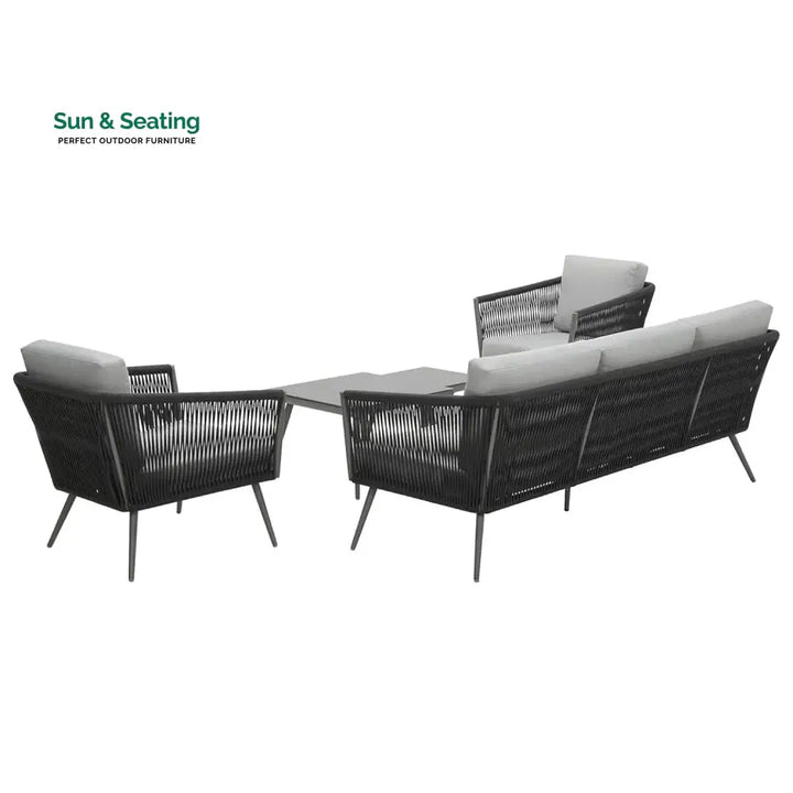 Teresa 5-Seater Outdoor Rope Patio Sofa Set with Glass Top Tables (Black &amp; Grey) Sofa Set