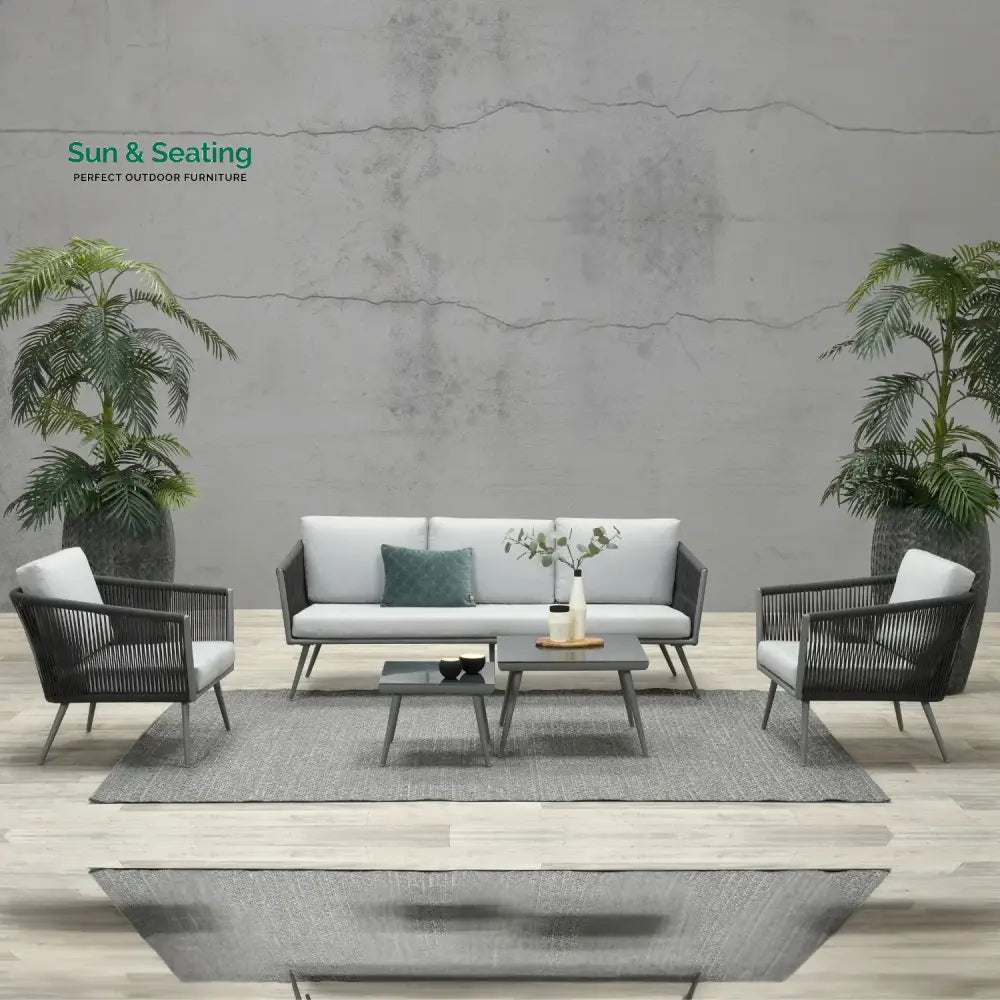 Teresa 5-Seater Outdoor Rope Patio Sofa Set with Glass Top Tables (Black &amp; Grey) Sofa Set