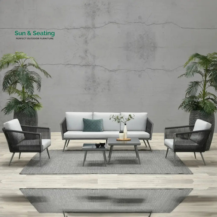 Teresa 5-Seater Outdoor Rope Patio Sofa Set with Glass Top Tables (Black &amp; Grey) Sofa Set