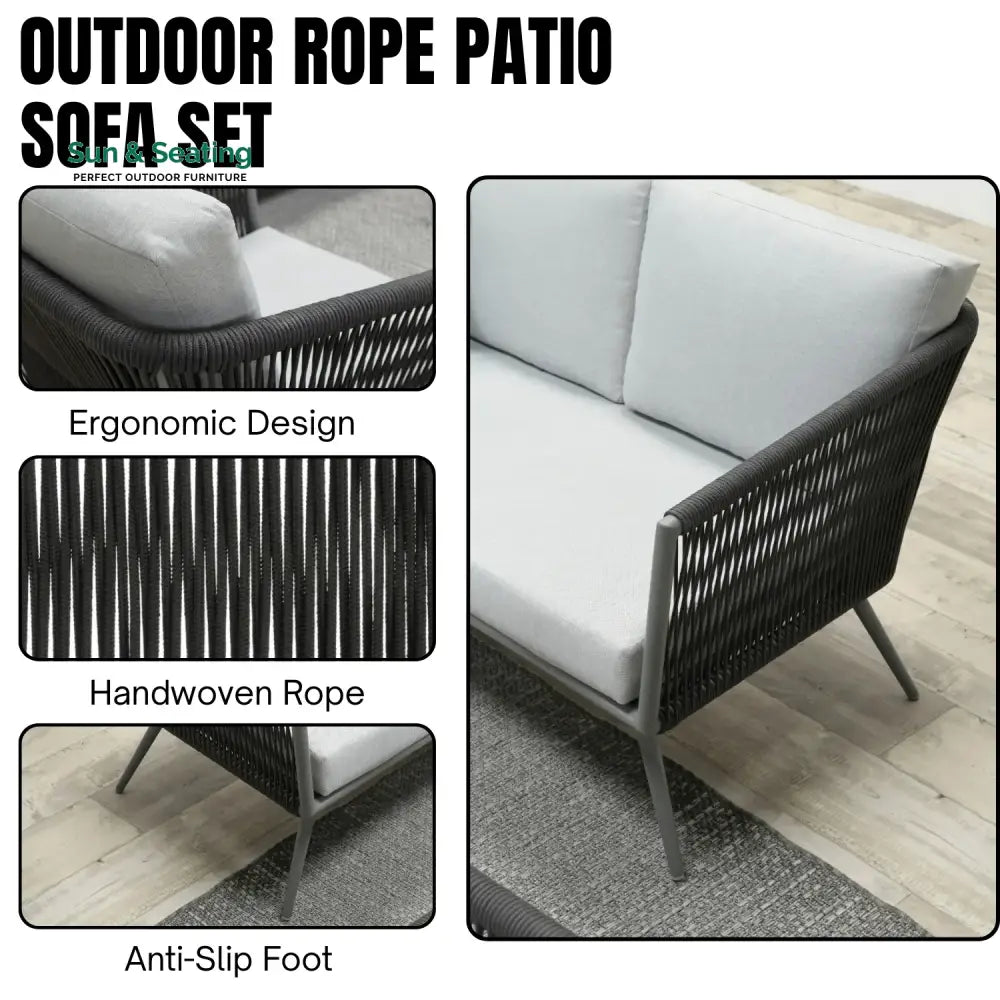 Teresa 5-Seater Outdoor Rope Patio Sofa Set with Glass Top Tables (Black &amp; Grey) Sofa Set