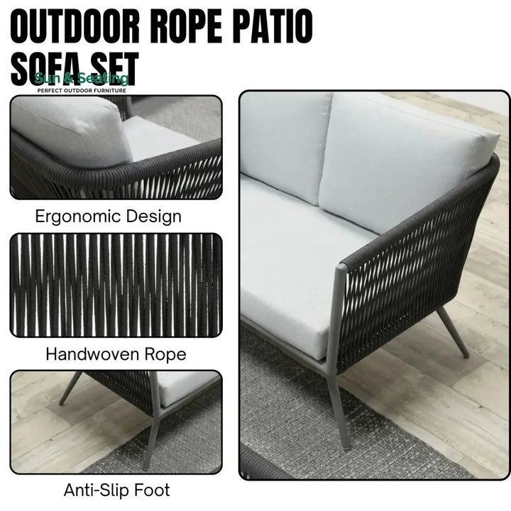 Teresa 5-Seater Outdoor Rope Patio Sofa Set with Glass Top Tables (Black &amp; Grey) Sofa Set