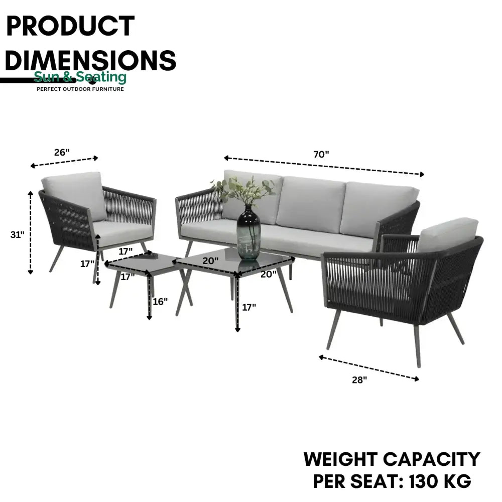 Teresa 5-Seater Outdoor Rope Patio Sofa Set with Glass Top Tables (Black &amp; Grey) Sofa Set