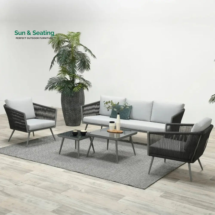 Teresa 5-Seater Outdoor Rope Patio Sofa Set with Glass Top Tables (Black &amp; Grey) Sofa Set
