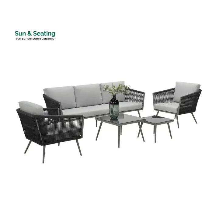 Teresa 5-Seater Outdoor Rope Patio Sofa Set with Glass Top Tables (Black &amp; Grey) Sofa Set